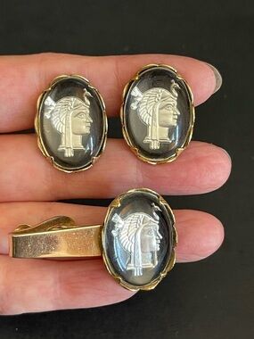 Vintage Black Cameo Cufflinks and Tie Clip Set .